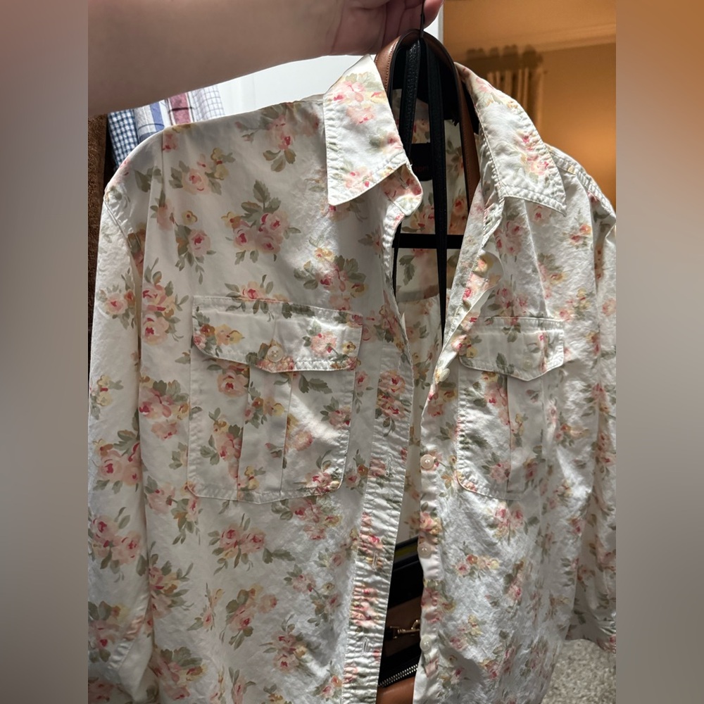 Floral Button-Front Shirt - Cream with Pink Rose Print